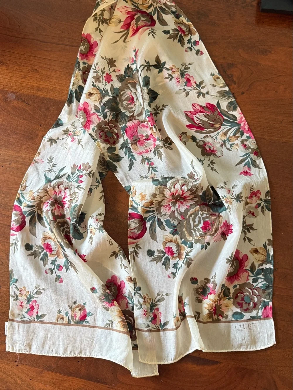 Echo Club 7 Floral 100% Silk Scarf in Cream, Teal, Pink